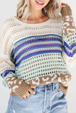 Patcute Leopard Striped Round Neck Crochet Knit Top