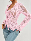 Patcute Tied V-Neck Long Sleeve Lace Top