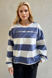 Patcute Cotton Wash Exposed Seam Contrast Striped Round Neck Long Sleeve T-Shirt