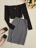 Patcute Off-Shoulder Long Sleeve Top and Houndstooth Skirt Set