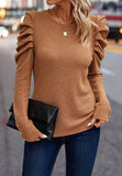 Patcute Decorative Button Round Neck Puff Sleeve Blouse