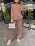 Patcute Slit Mock Neck Top and Pants Sweater Set