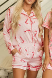 Patcute Candy Cane Collared Neck Long Sleeve Top and Shorts Lounge Set