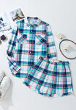 Patcute Plaid Button Down Long Sleeve Shirt and Shorts Lounge Set