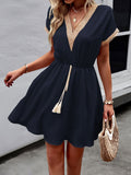 Patcute Contrast Trim V-Neck Short Sleeve Mini Dress