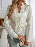 Patcute  Tied Frill V-Neck Long Sleeve Lace Top