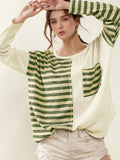 Patcute Striped Round Neck Long Sleeve Top