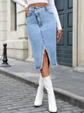 Patcute Raw Hem Slit Midi Denim Skirt