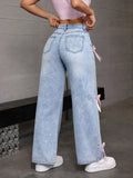 Patcute Women Casual Bowknot Decor Jeans Y2k Blue Baggy Denim Trousers Loose Straight Sweet Coquette Aesthetic Washed Jeans