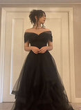 Patcute 2024 Black Tulle Sweetheart Off Shoulder Long Party Dress, A-line Black Prom Dress