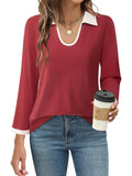 Patcute Contrast Collared Neck Long Sleeve Top