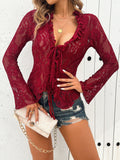 Patcute Tied V-Neck Long Sleeve Lace Top