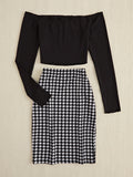 Patcute Off-Shoulder Long Sleeve Top and Houndstooth Skirt Set