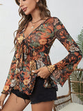 Patcute Printed V-Neck Flare Sleeve Top