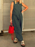 Patcute Lovelet Plaid Round Neck Sleeveless Top and Pants Set