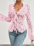 Patcute Tied V-Neck Long Sleeve Lace Top