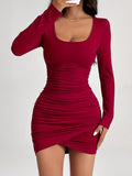 Patcute Ruched Scoop Neck Long Sleeve Mini Dress