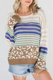 Patcute Leopard Striped Round Neck Crochet Knit Top