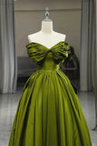 Patcute 2024 Green A-line Off Shoulder Satin Long Party Dress, Green Satin Formal Dress Prom Dress