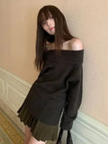 Patcute Vintage Sexy Off Shoulder Sweater Women Solid Japanese Style Knitwear Y2k Long Sleeve Jumper Slash Neck Causal Harajuku