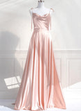 Patcute 2024 Pink Satin Straps Low Back Long Evening Dress, Pink Satin Prom Dress