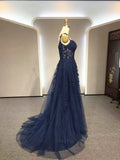 Patcute 2024 Navy Blue A-line Tulle with Lace Prom Dress, Navy Blue Long Party Dress