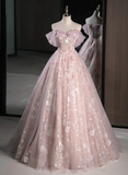 Patcute 2024 A-line Pink Off Shoulder Sweetheart Lace and Tulle Prom Dress, Pink Party Dress