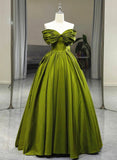 Patcute 2024 Green A-line Off Shoulder Satin Long Party Dress, Green Satin Formal Dress Prom Dress