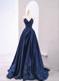 Patcute 2024 A-line Navy Blue Tulle Long Party Dress, Navy Blue Satin Prom Dress