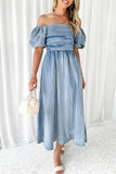 Elegant Solid Fold Off the Shoulder Short Sleeve Denim Dresses